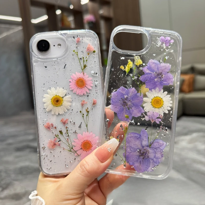 

Fashion Dried Flower Silver Foil Phone Cases For IPhone 16 15 14 Plus 13 12 11 Pro Max XS Max XR X 7 8 Plus Soft Silicone Cover