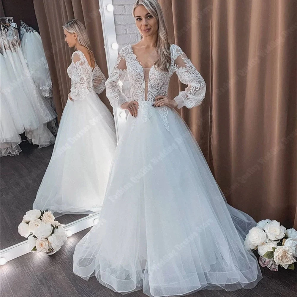 Vestidos de casamento sem encosto para mulheres, decote em v, vestidos de noiva sexy, vintage Simpe, tecido brilhante, decalque, linha A, 2024