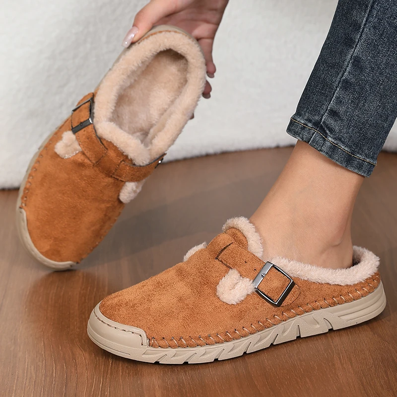 Damenmode Baotou-Slipper Winter Neu Rundkopf Tiefer Schnitt Schnallenverschluss Weiche Sohle Rutschfest Verschleißfest Flache Schuhe – Detail 10