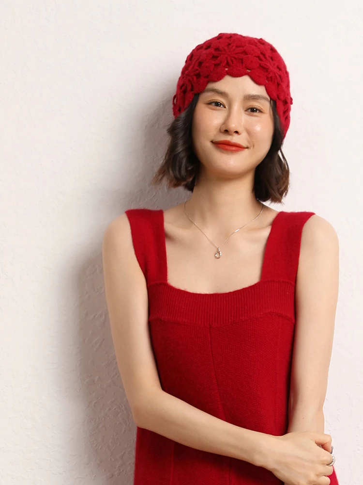 Topi Wanita Musim Gugur Musim Dingin 100% Kasmir Buatan Tangan Kait Bunga Retro Topi Pullover Hangat Topi Kasmir Fashion Berkualitas Tinggi