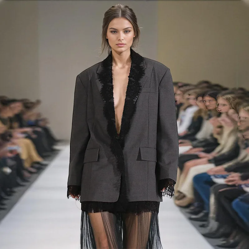 

Женский модный осенний костюм в стиле OL, пальто, кружевной лоскутный элегантный повседневный пиджак с длинными рукавами