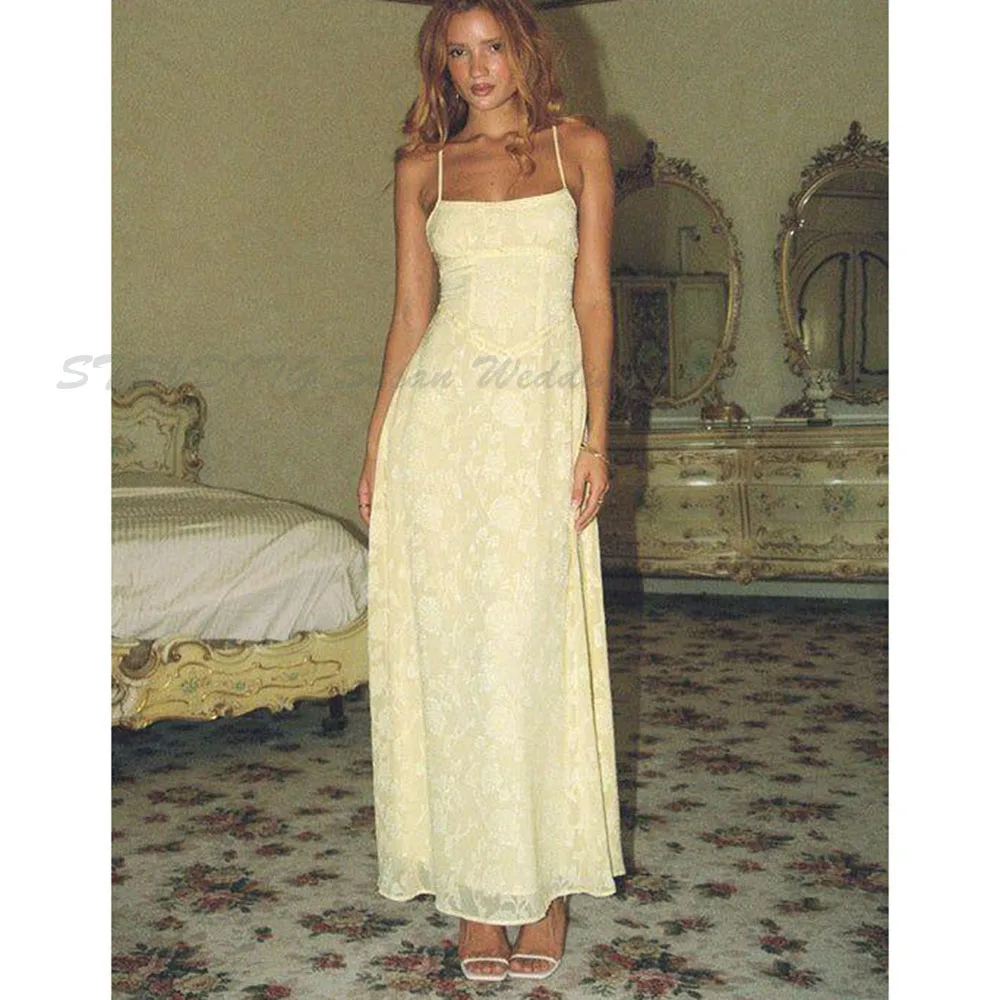 Yellow Evening Dresses Women Spaghetti Strap Straight Floor Length High Quality Alliques Sleeveless Square Collar Party Prom