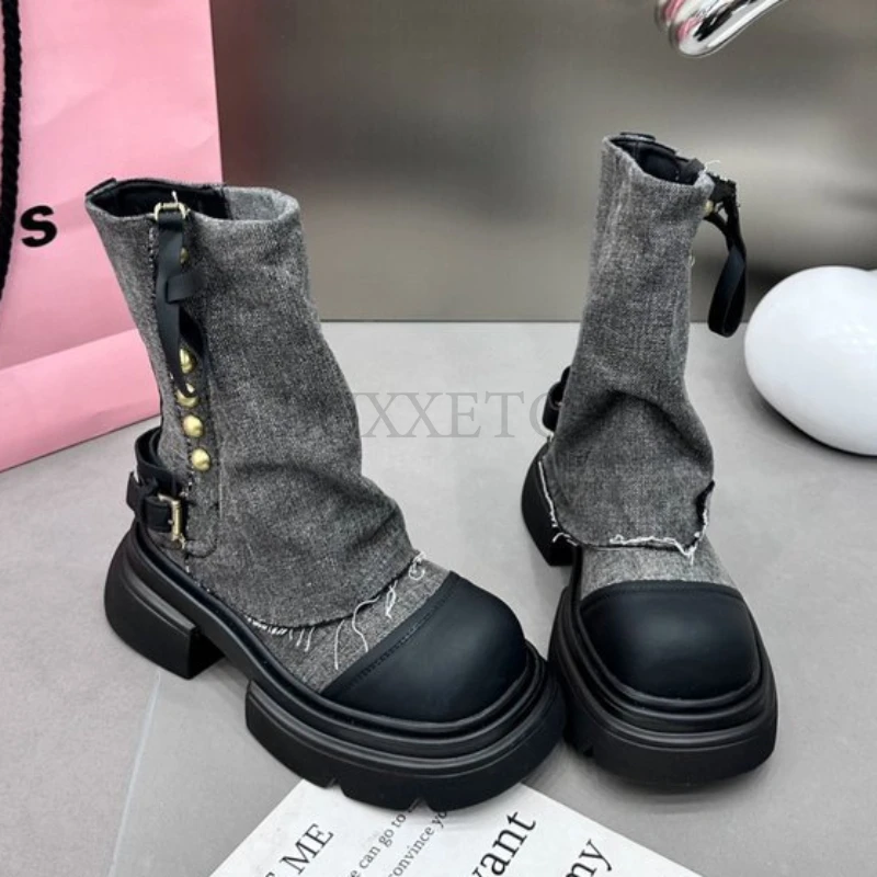 Women Flats Ankle Cowboy Chelsea Boots Winter Fad Platform Gladiator Goth Shoes New Chunky Motorcycle Botas Women Zapatos