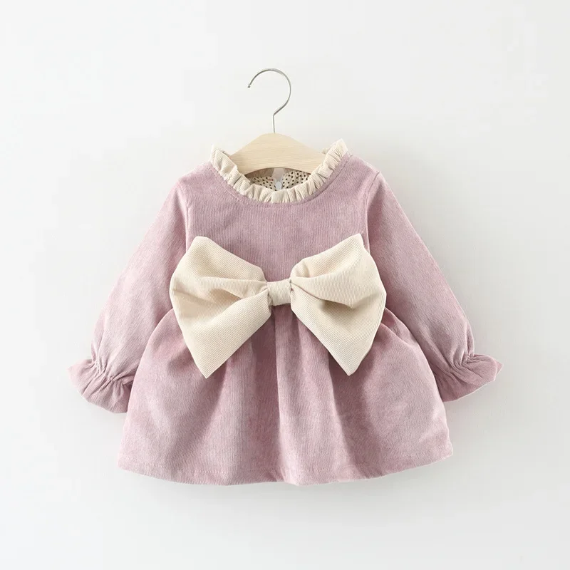 Baby Girl Clothes Children Casual Dress Toddler Solid Bow Long Sleeve Princess Dresses Outfit Infant Spring Plus Velvet Dress