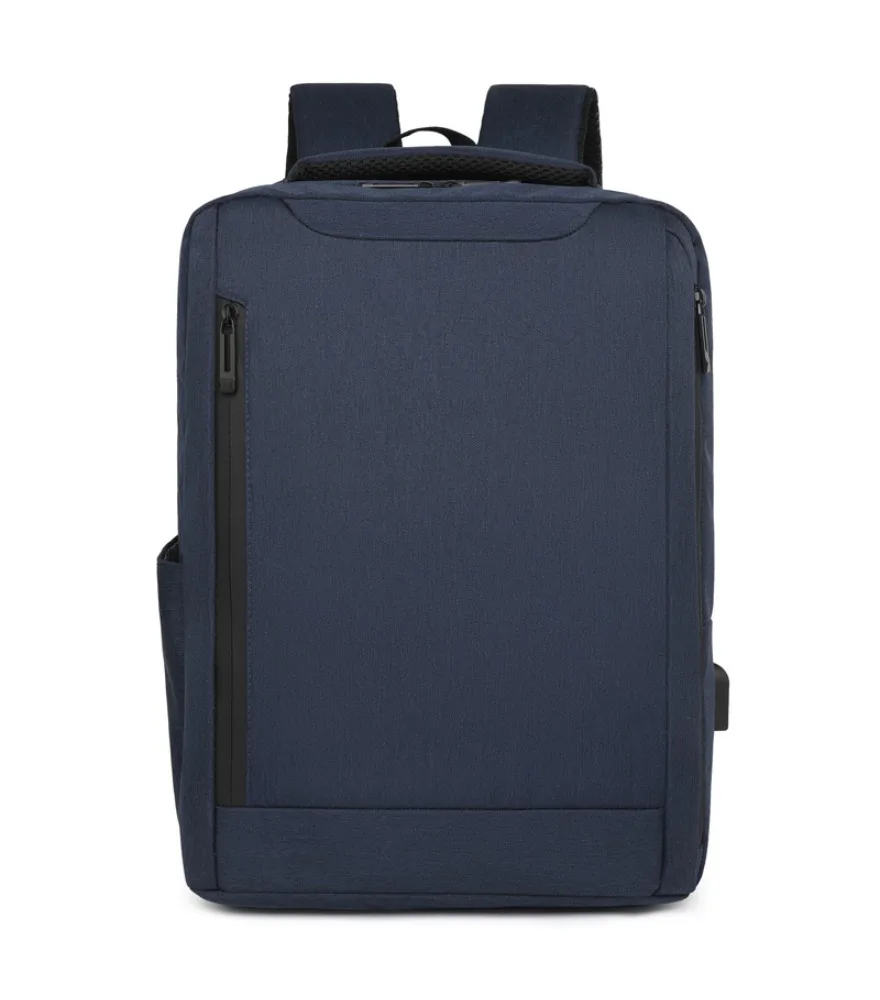 Navy solid slim backpack with vertical side zipper anti splash compact shape for office daily casual storage