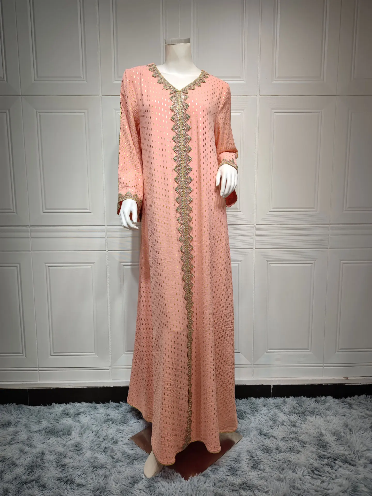 Jalabiya Kaftan Dress For Women Dubai Turkey Golden Ribbon Trim Loose Muslim Arabic Islamic Clothing Party Robe Moroccan Dress