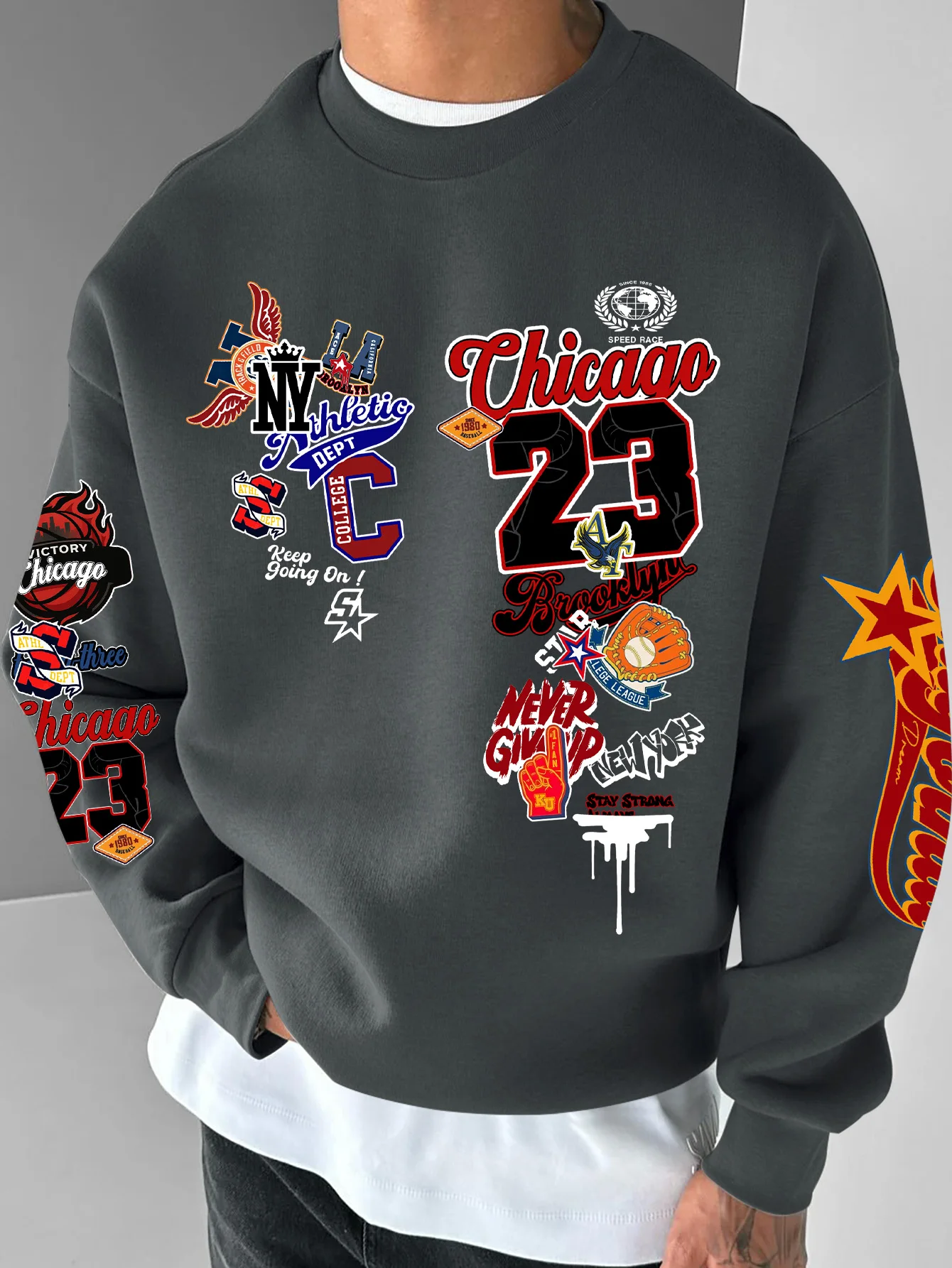 Herren-Sweatshirt mit Rundhalsausschnitt, American Street Style, Chicago 23 Multi-Badge-Print, Polyester, Alltagskleidung, S-XXL – Detail 6