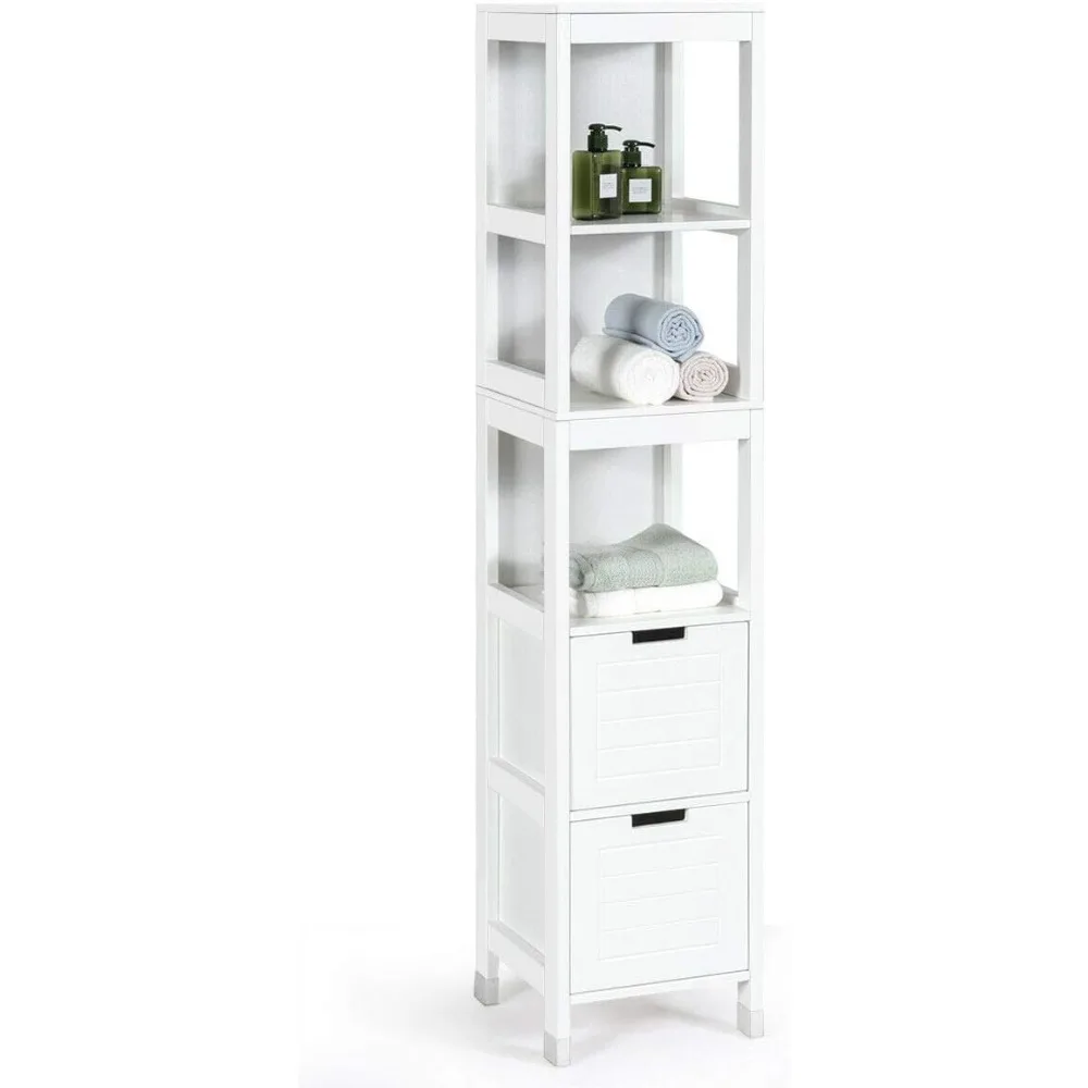 

Tall Bathroom Storage Cabinet, Freestanding 57" H Tall Slim Bathroom Floor Cabinet with 3 Tier Open Shelves and 2 Drawers