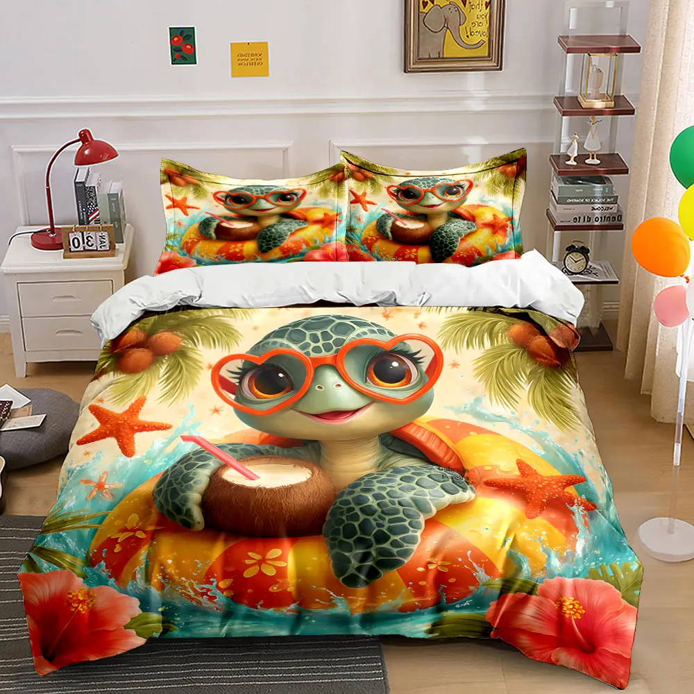 Sea turtle summer beach theme Print Bedding Set 1 Duvet Cover 2 Pillowcases for Adult and Children Luxury Gift Full Size