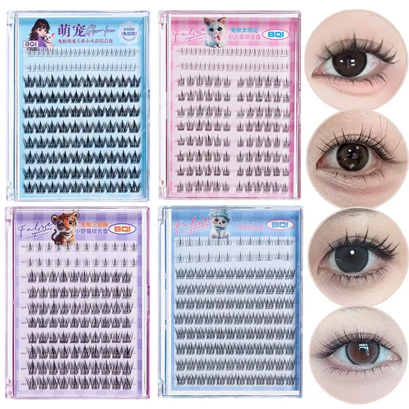 Sunflower 10-reihige, kleberfreie falsche Wimpern, natürliche, kräuselnde obere und untere Wimpern, selbstklebende Wimpern für einfache Anwendung