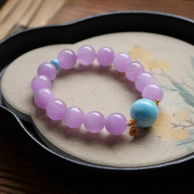 

18K Gold Natural Kunzite & Larimar Beaded Bracelet, Genuine Gemstone Healing Crystal Jewelry