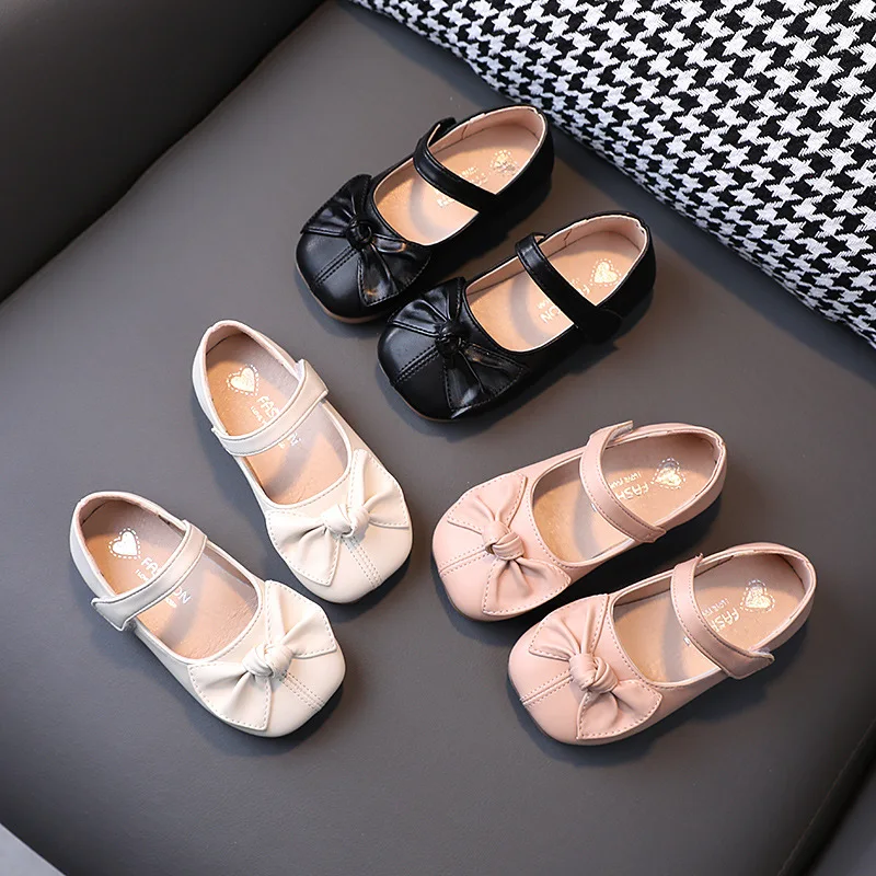 Girl's Mary Janes Leather Shoes Daily Spring Autumn Children Princess Shoes Three Colors Square Toe Bow Girl Kids Flats CSH1520