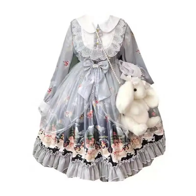 Abito vintage Lolita OP Abito gotico elegante da donna con stampa natalizia Abiti da festa da principessa Abito a maniche lunghe Arajuku per ragazza