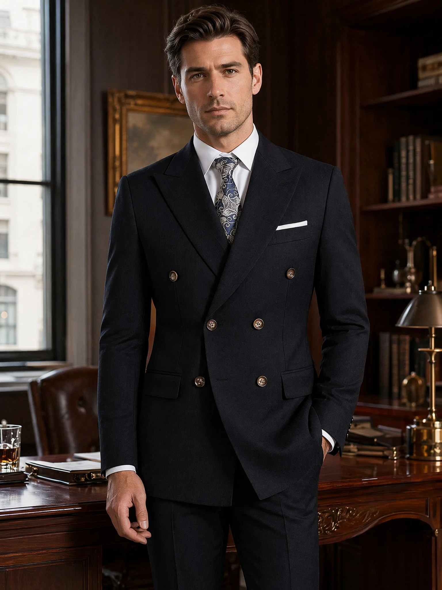 Immagine 5: Abito da Uomo Doppiopetto 2 Pezzi Slim Fit Giacca Blazer Nera Pantaloni Formale per Ufficio Matrimonio Sposo
