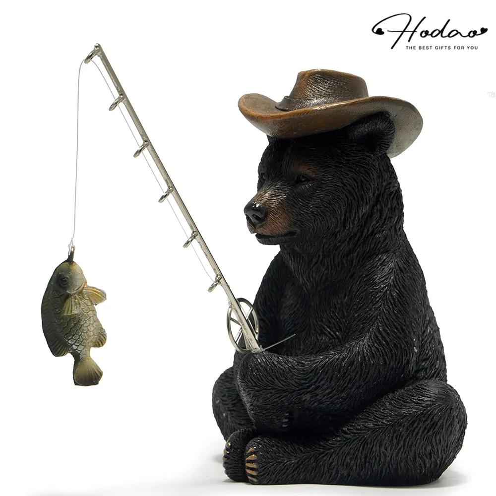 Hodao Resin Fishing Bear Figurine Figure Model, Rustic Black Bear Decor with Cowboy Hat, Fishing Rod, Hanging Fish and Bait Bucket, Outdoorsman Tabletop Statue for Cabin Lodge, Lake House, Shelf, Mantel, Office, Angler Fisherman Gift for Dad Grandpa