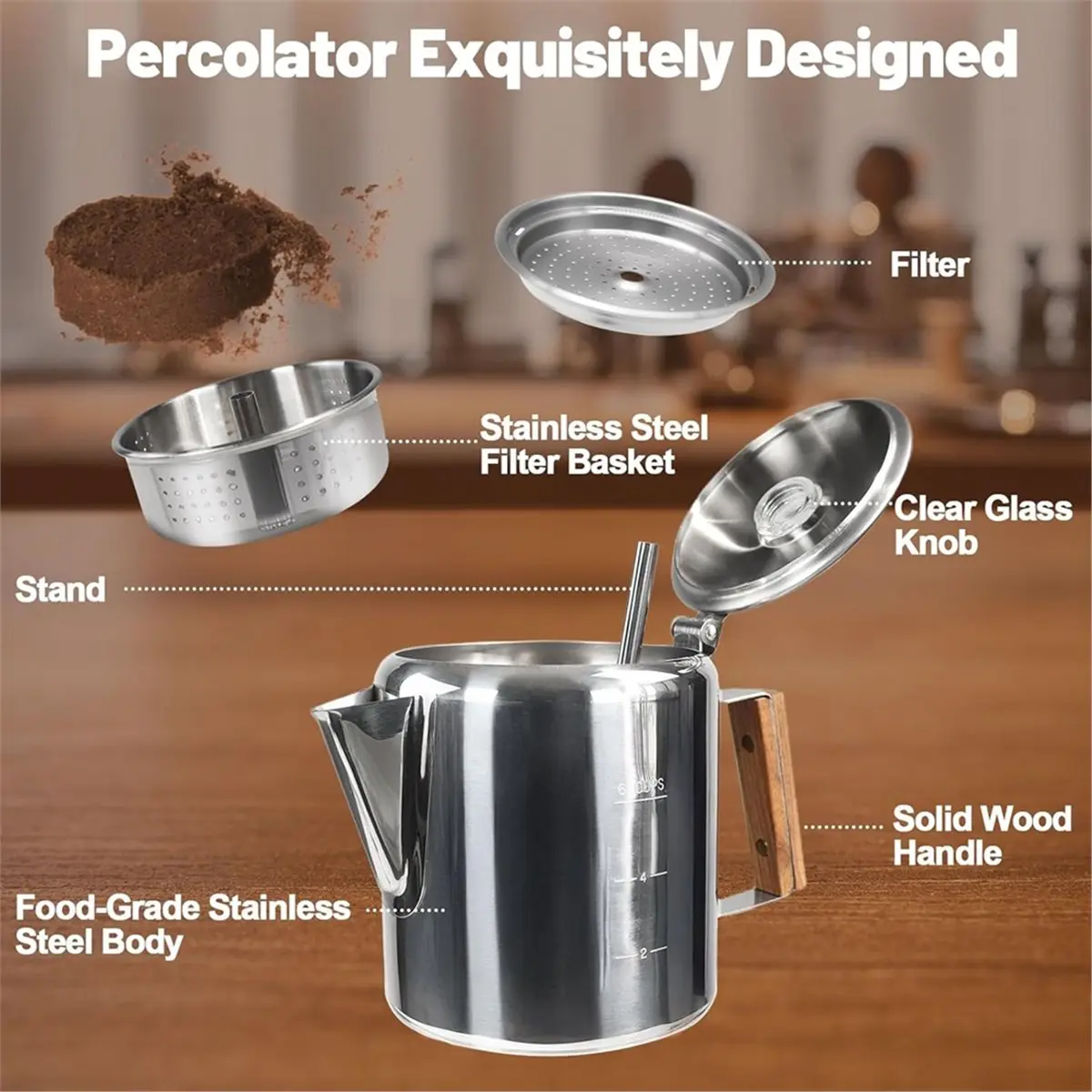 6カップパーコレーター 304ステンレス鋼コーヒーポット コーヒーメーカー ハンドル付き ストーブトップモカ 家庭用およびキャンプ用 1000ml