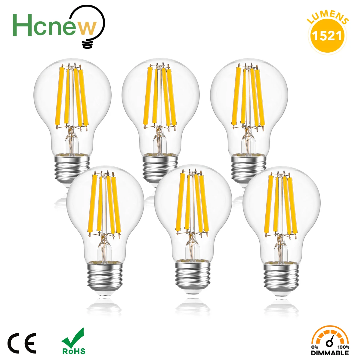 Hcnew A19 E27 Edison LED Bulbs 12W 1521Lumen Dimmable Filament Lamp Replacement for 100W Incandescent Bulb 2700K Warm white