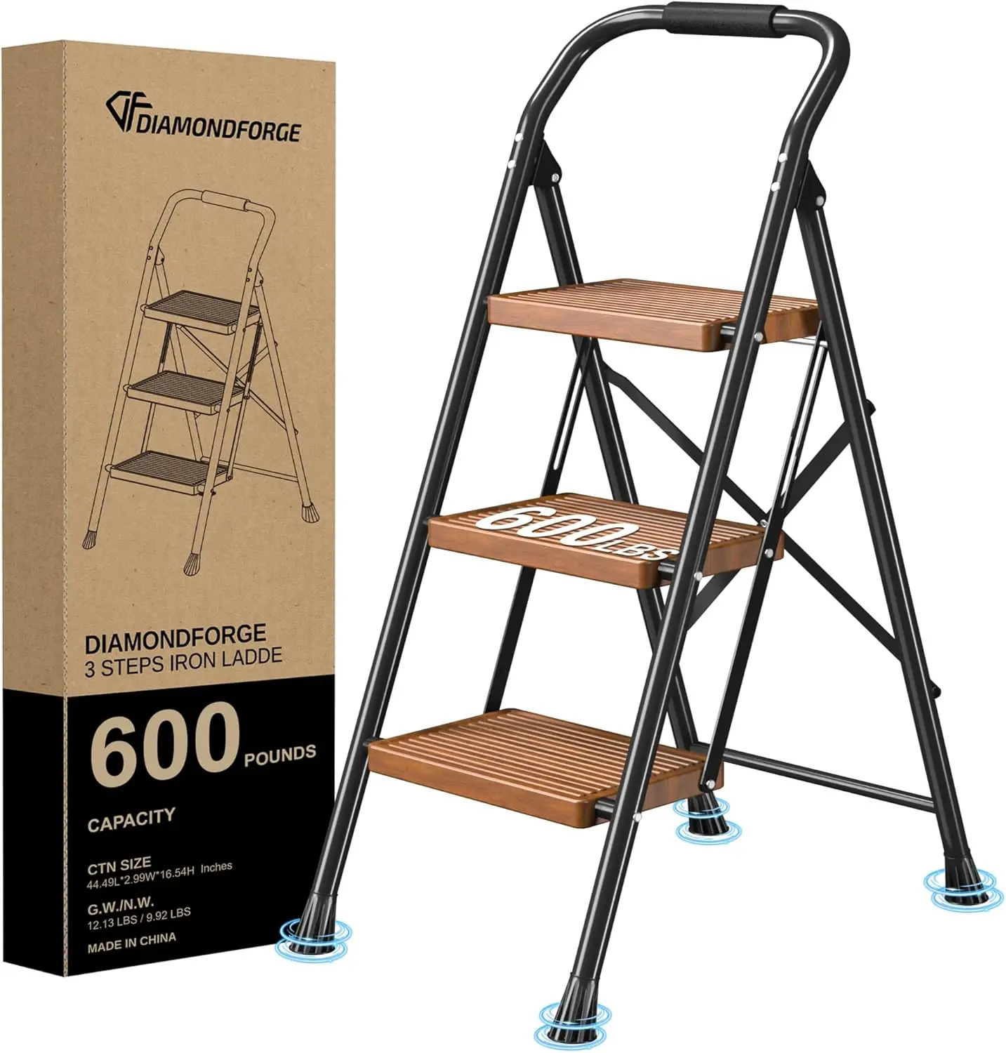 

Step Ladder Foldable Folding Stool - for Home Adults Kitchen 3 Stepping Extension Tall Heavy Duty with Handrails - Closet
