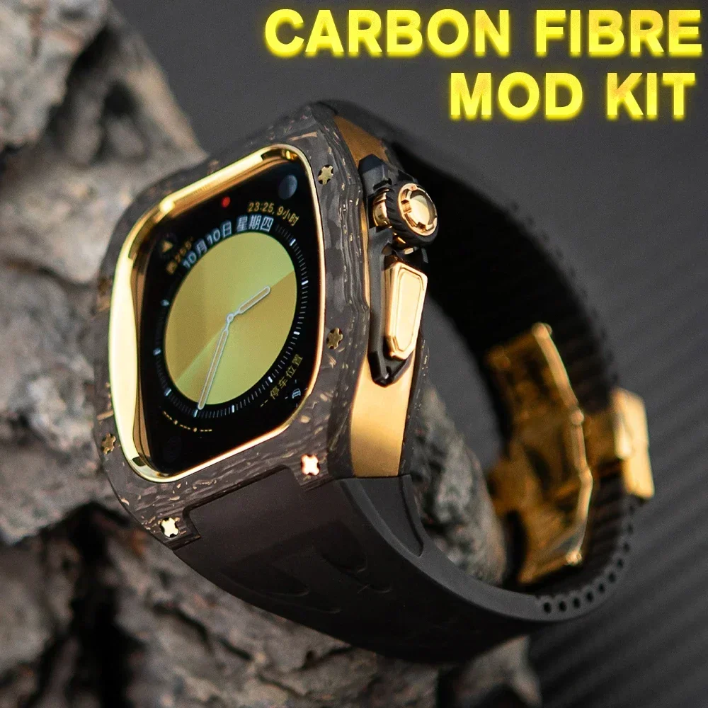 NEW Luxury Carbon Fiber Case Modification Kit for Apple Watch Case Ultra 2 49mm for IWatch Protection Mod Kit Fluororubber Strap