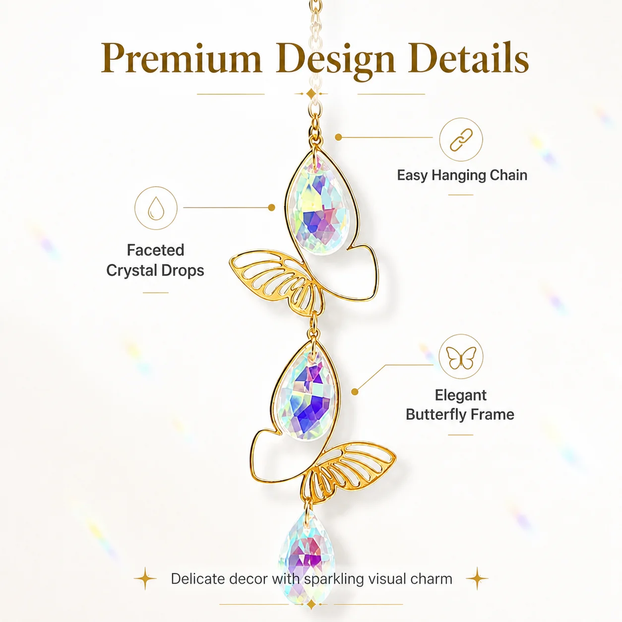 Butterfly Crystal Suncatcher Hanging Ornament, Gold Window Prism Decor, Rainbow Teardrop Pendant for Home Garden Gift Decoration