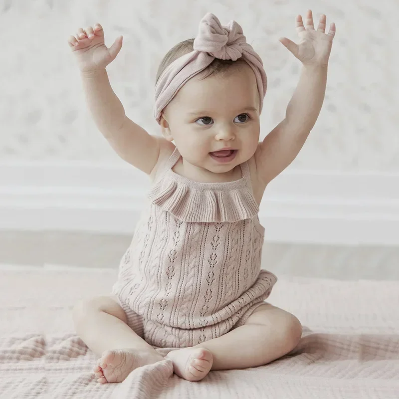 Summer Girls Baby Clothes Jumpsuit Pink Thin Cotton Soft Fashion New Pretty Casual Knitting Hollow Out