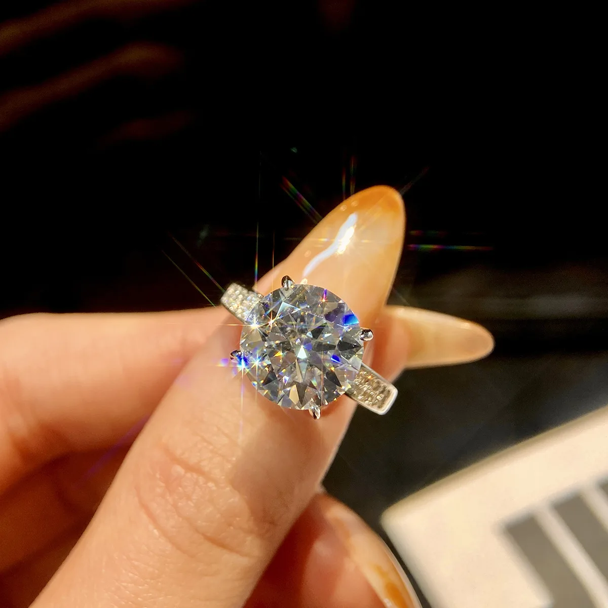 S925 Rhodium Plated Silver 5CT D Color Oversized Solitaire Moissanite Four Prong Ring for Women, Engagement Proposal Jewelry