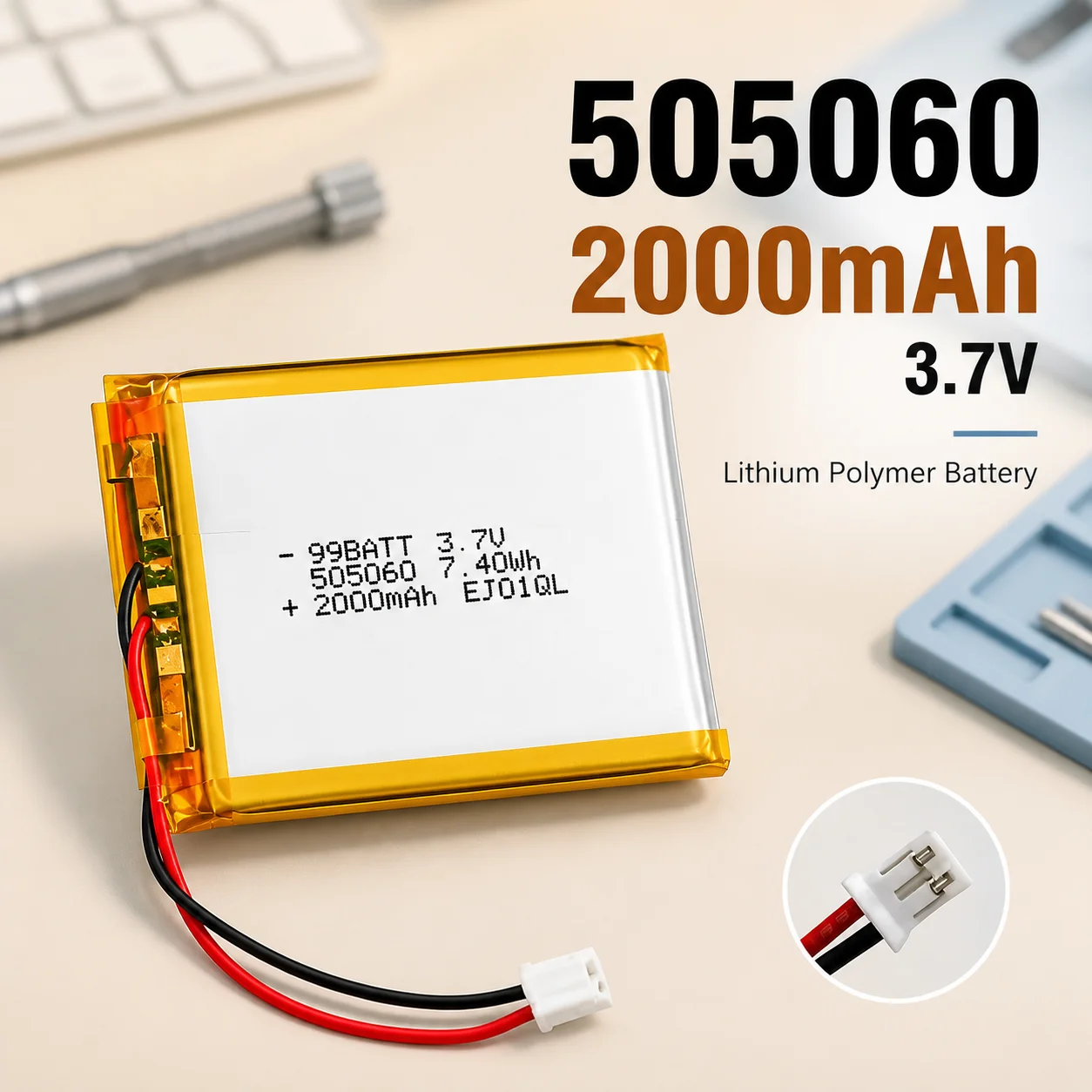 505060 2000mAh 3.7V Rechargeable LiPo Battery Lithium Polymer Cell for Bluetooth Speaker GPS Locator LED Lamp