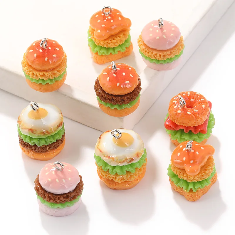 8Pcs Resin Mini Simulation Food Charms Egg Beef Hamburger Pendants DIY Supplies For Keychain Handmade Crafts