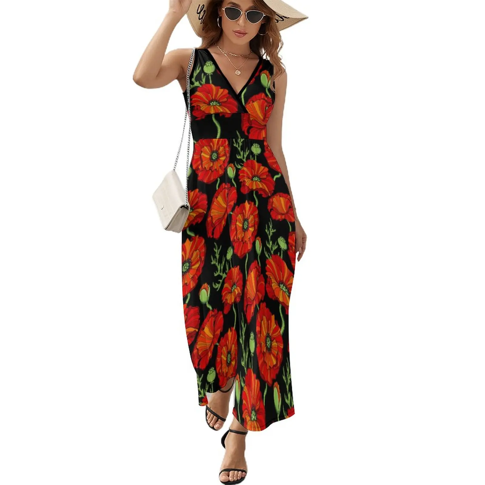 Red Poppy Flowers Dress Aesthetic Bohemia Long Dresses Female Party Printed Maxi Dress Birthday Present