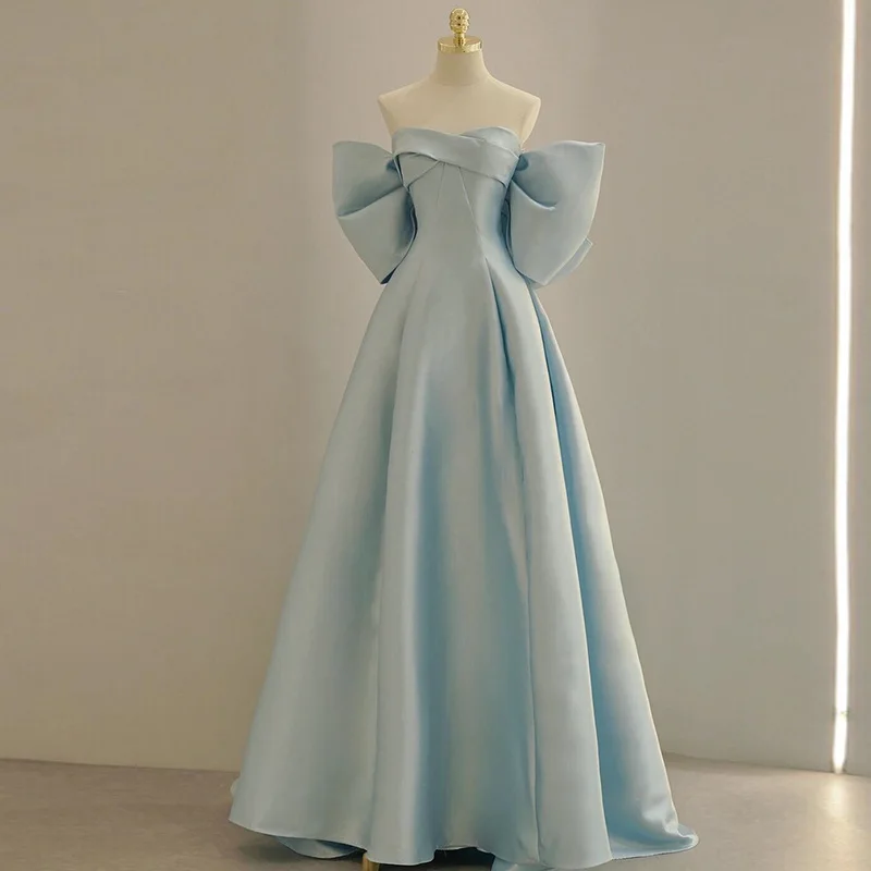 

Simple Design Stock Sky Blue Evening Dresses Sweetheart Bow A Line Long Women Formal Occasion Wear Prom Wedding Party Dress Robe