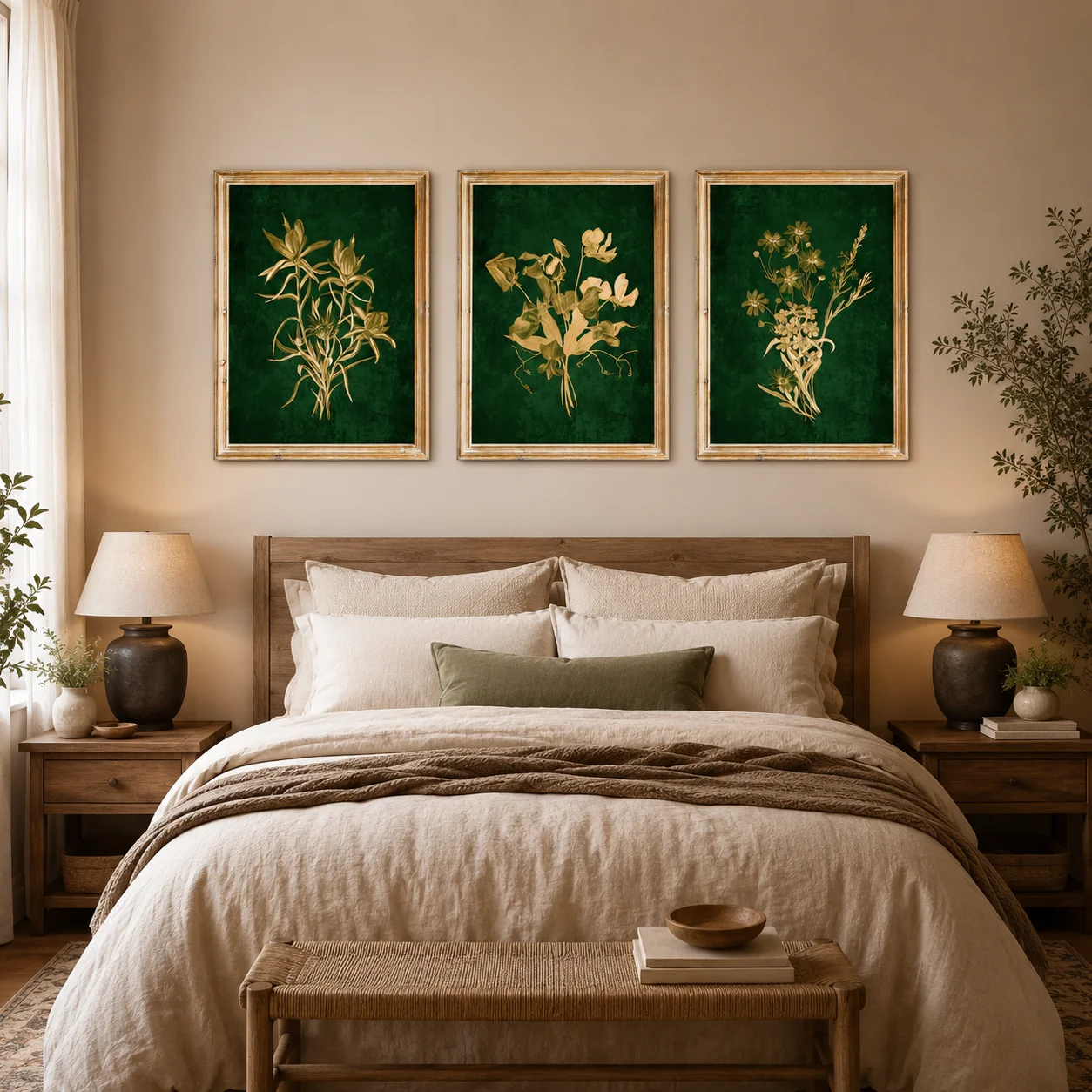 Emerald Green Botanical Print Set, Gold Floral Wall Art, Flower Artwork,Canvas Wall Printfor Bedroom, Living Room, Office & Inte