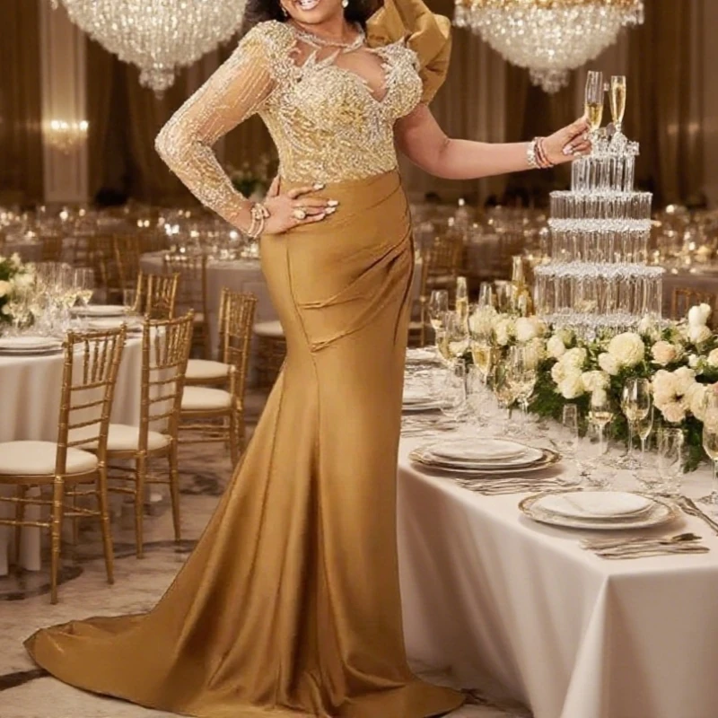 

Arabic Gold Mermaid Mother Of Bride Dresses Lace Beaded Evening Prom Formal Party Birthday Celebrity Mother Of Groom Gowns Dress