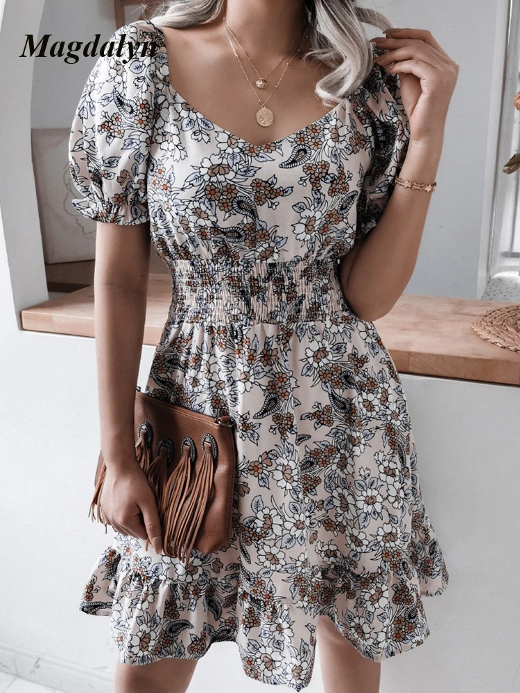 Magdalyn Floral Print Dress For Women Ruffle Elegant Chic ladies Dresses Fasion A Line Vintage Short Dress Summer Vacation Dress