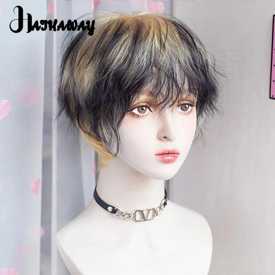 Wig sintetik rambut suhu tinggi Cosplay rambut palsu pria lapisan gradien emas rambut keriting halus penuh atas Wig animasi remaja