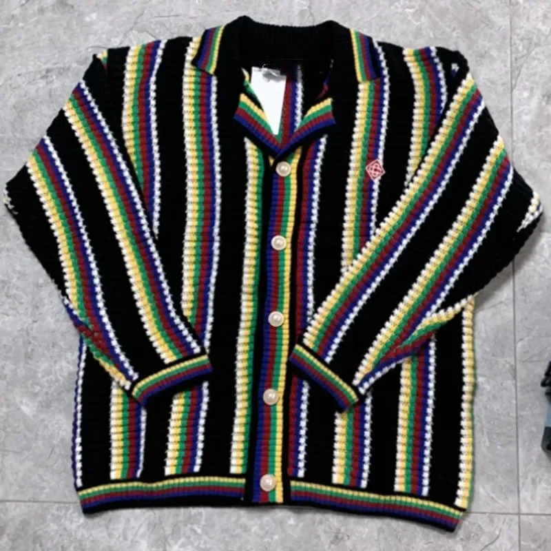 25ss CASA Black Knit Sweaters Striped Printed Lapel High Quality Wens Pearl button Knit Jackets With Tags