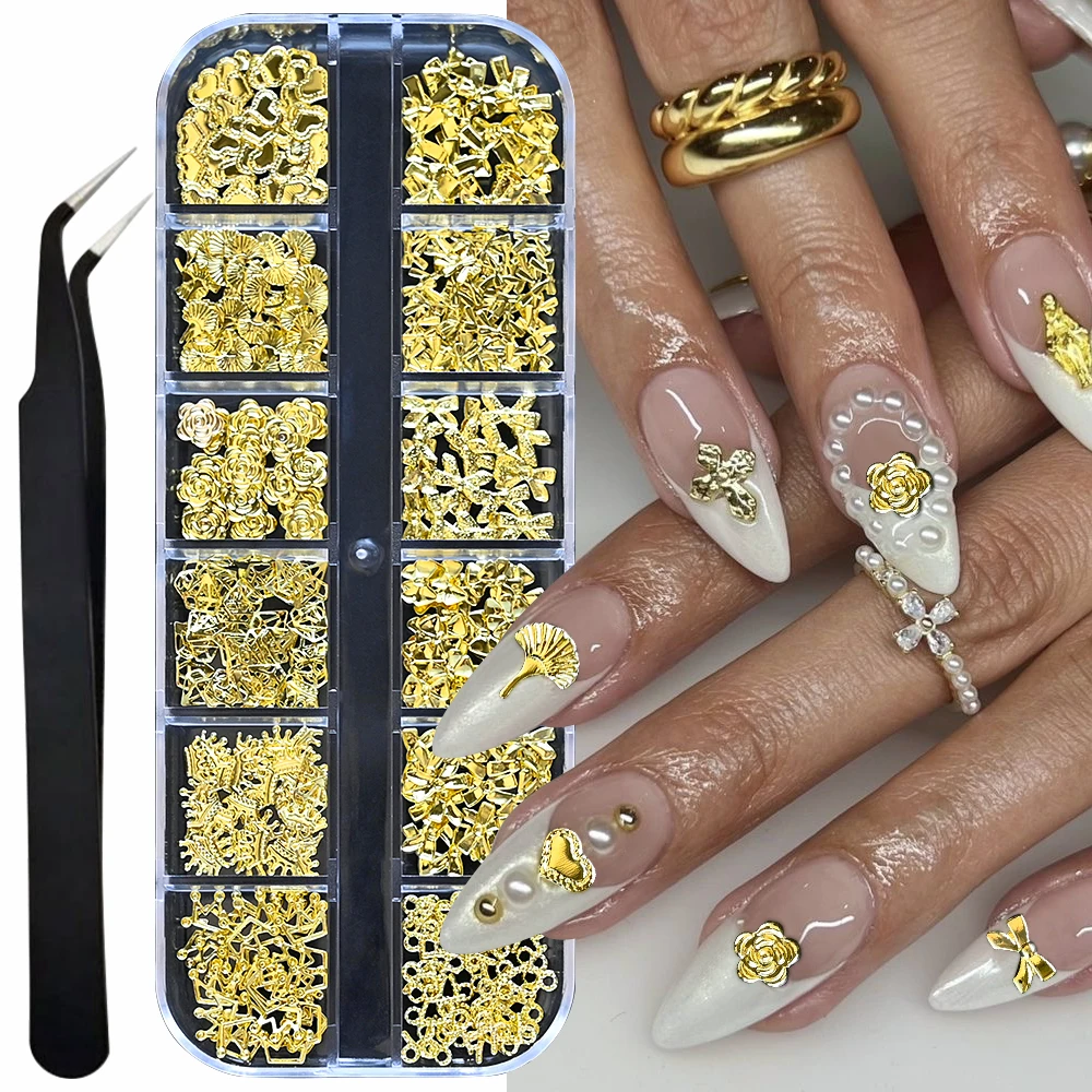 Mini lazo dorado con diamantes de imitación para decoración de uñas, 12 rejillas, flor brillante, lazo, corona, aleación, dijes de manicura