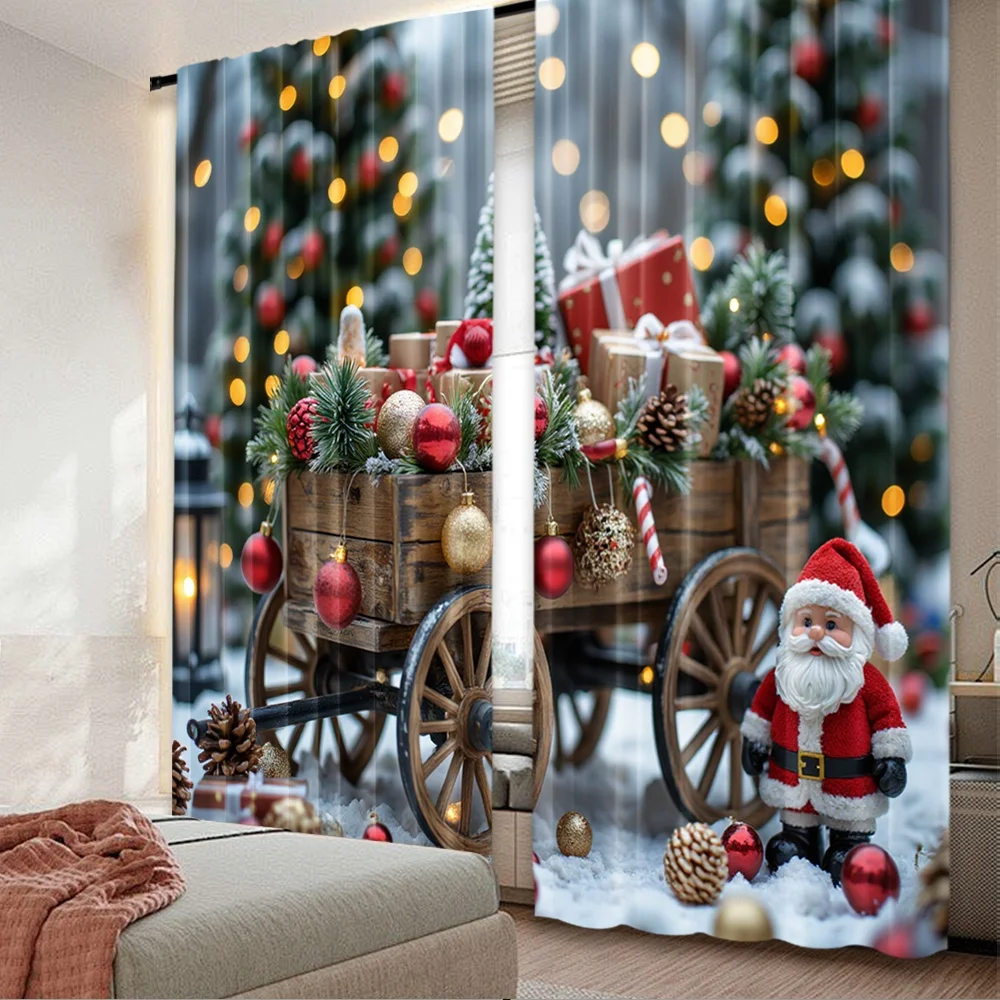 2D-Flachdruck, 2 Stück, Weihnachten, heiße Vorhänge, Weihnachten, rot, Geschenkwagen, digital bedruckte Polyester-Vorhänge, Familienparty-Dekoration