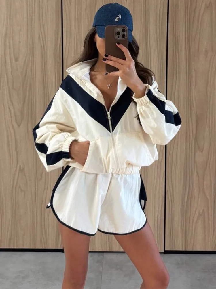 Contrast Shorts Two Piece Set Women Loose Zippers Stand Collar Long Sleeve Jacket 2026 Elastic Waist Short Pant Spring Summer