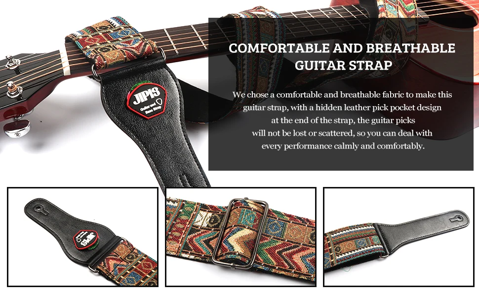 Baumwoll-Gitarrengurt mit Lederende, verstellbarer weicher Gurt für Bass, elektrische und akustische Gitarren, kostenlose Gitarrenplektren*3 – Detail 2