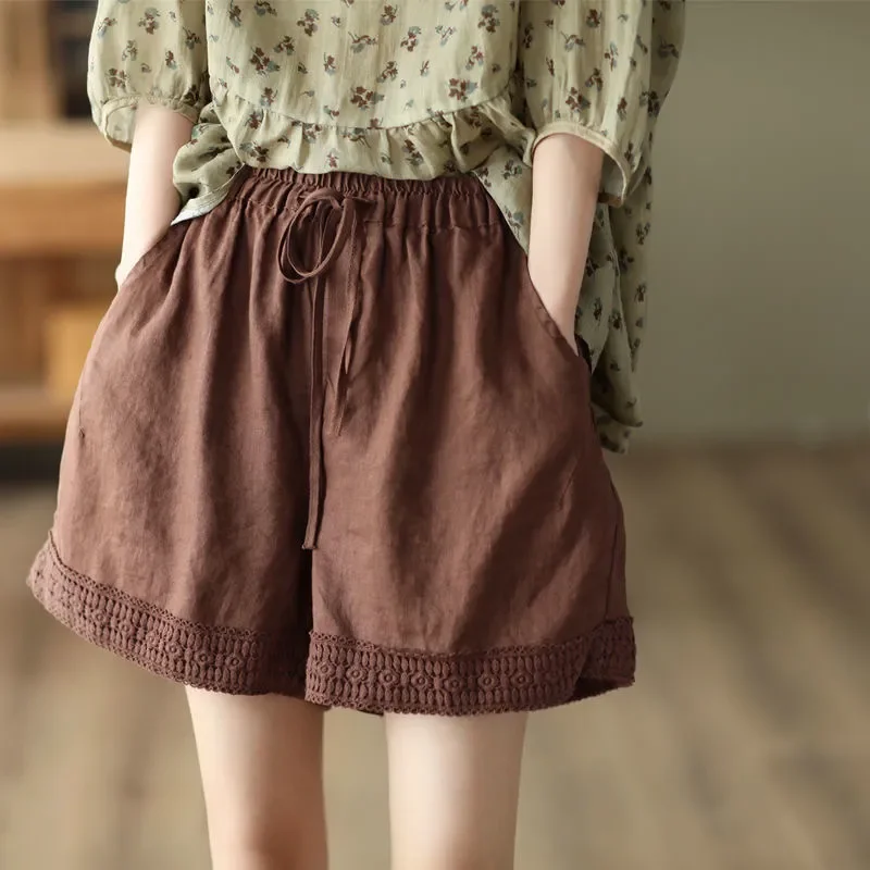 Women Summer Simplicity Loose Large Size Cotton and Linen Solid Color Quarter Shorts Ladies Casual All-match Hollow Out Shorts