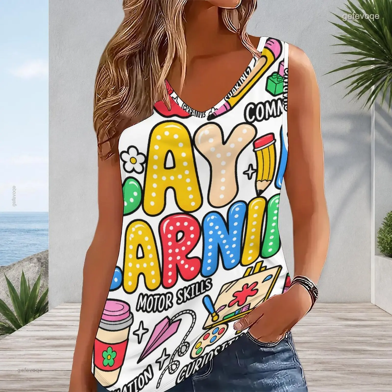 Women V Neck Sleeveless Tank Top Contrast Trim Loose Fit Casual Vest Custom Print Ladies Daily Summer Tops