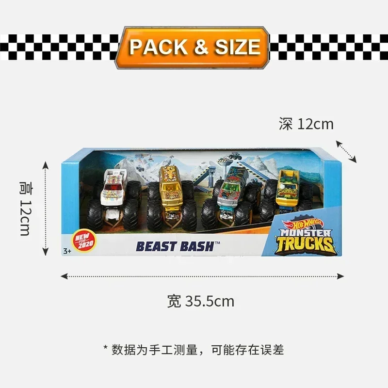 Original Hot Wheels Monster Trucks 4 Car Pack Giant Foot Metal Vehicle Model Wild Boys Toys Kids Muscle Beast Bash Racing Gift