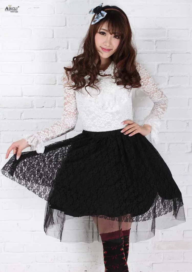 Sweet Princess Lolita Lace Skirts Womens Polyester Black Yarn Rose Lace Lolita Dumplings Half Skirt Ladies Pleated Party Skirts