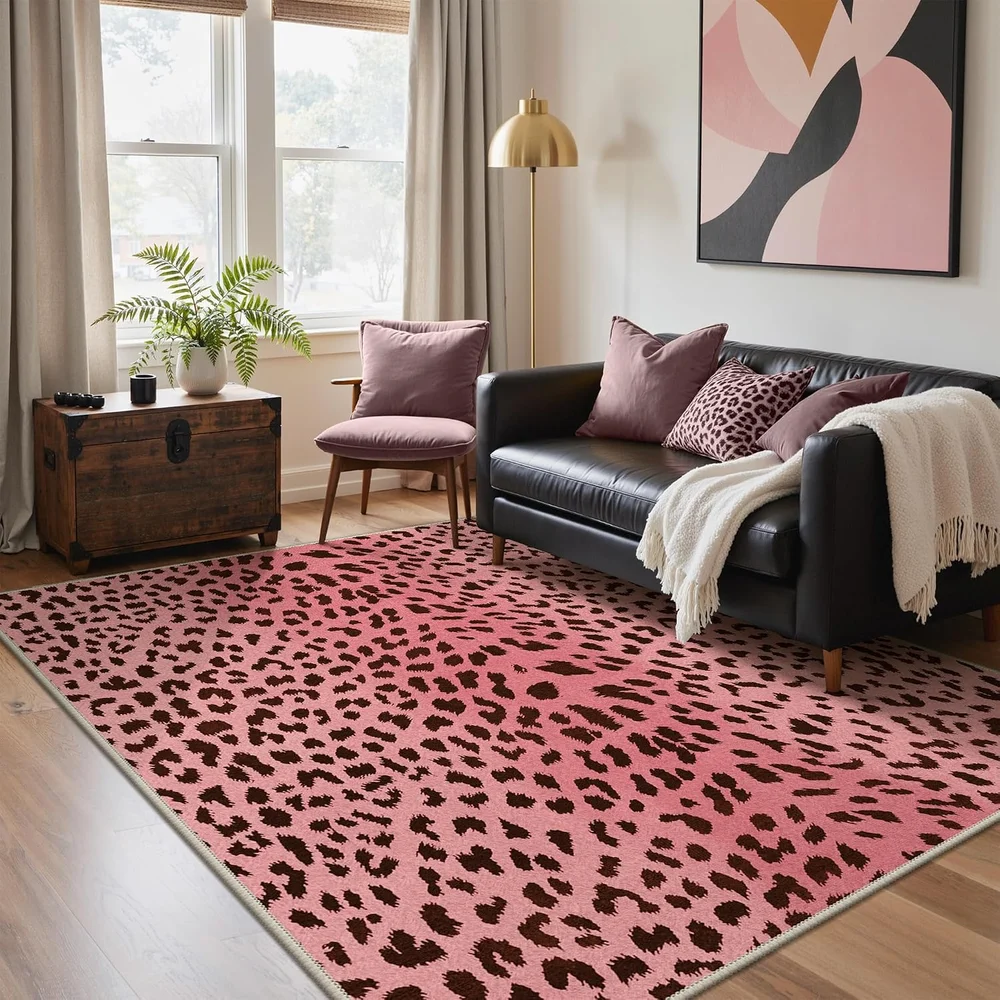 Extra Large 6x9 Pink Brown Cheetah Leopard Animal Print Area Rug Washable Water Repellent Carpet for Dorm Playroom Home Decor
