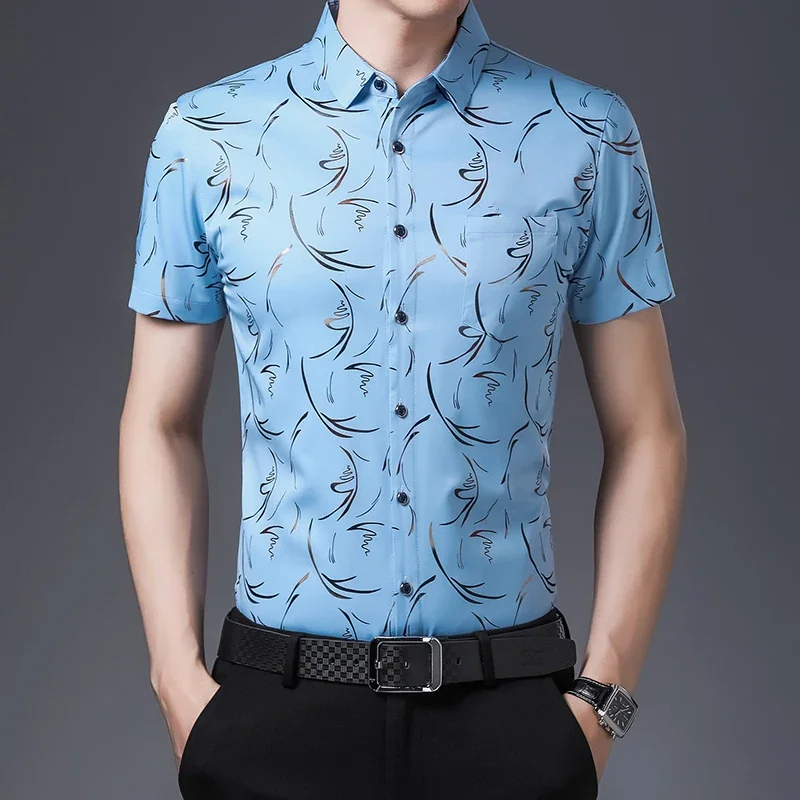 New Men's Casual Printed Short Sleeved Lapel Shirt for Summer Fashion Comfort No Ironing Wrinkle Resistant Top