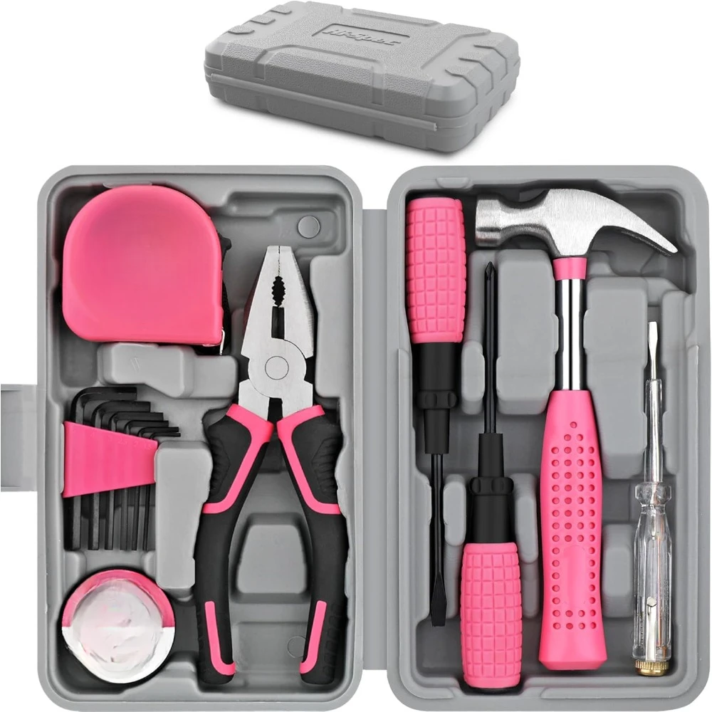 

Домашний набор инструментов высокого спецификации 42% розового цвета. Маленькие ящики для инструментов для семей, офисов и общежитий.