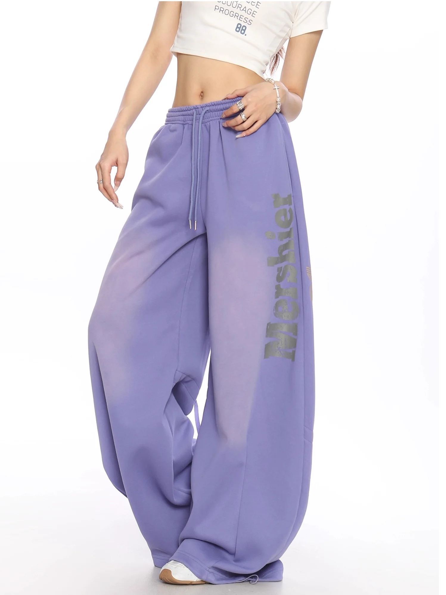 Retro American Distressed Letter Bend Knife Wide Leg Sweatpants Women's Loose Casual Drapey Straight Tube Pants