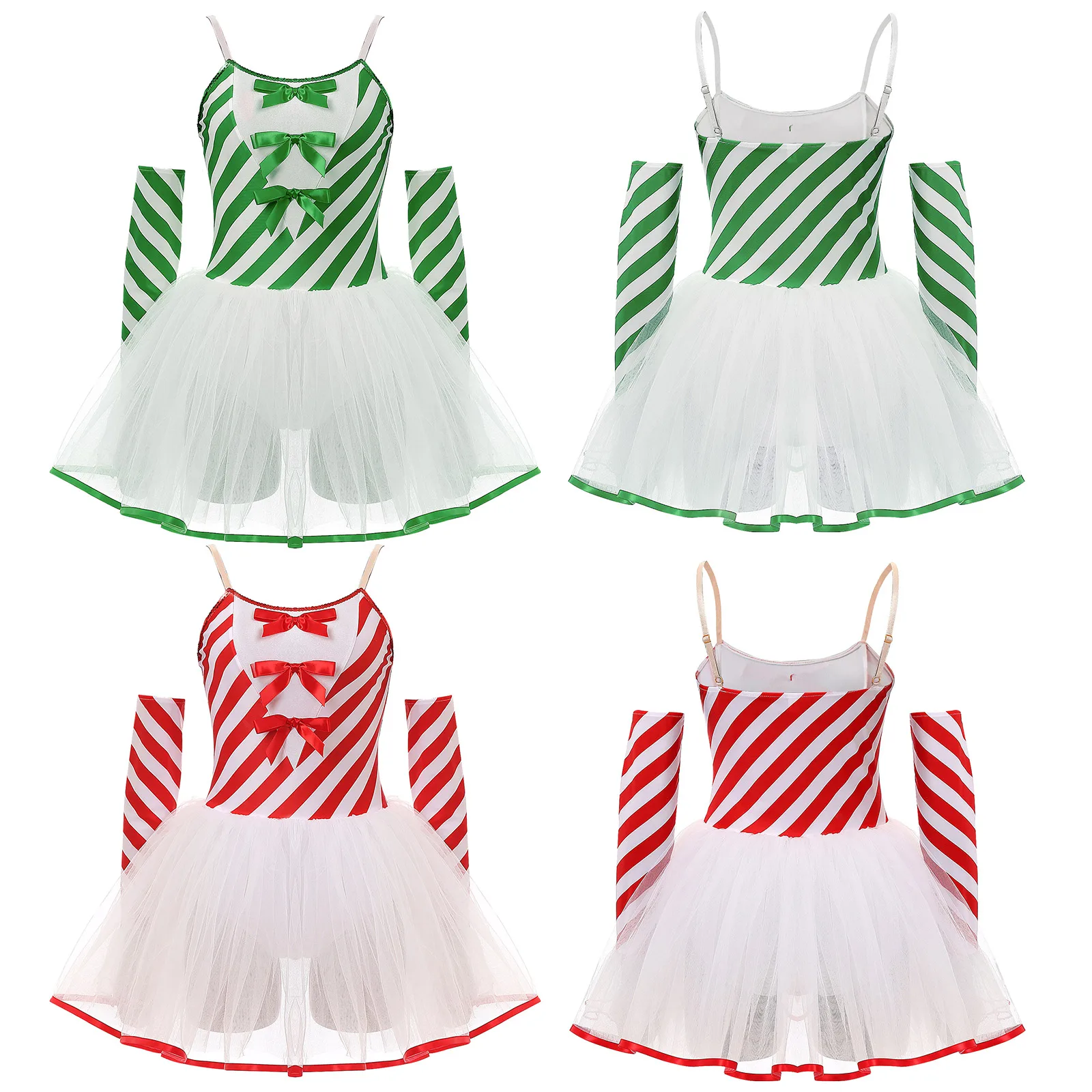 Elfo listrado feminino fantasia de bengala de Natal, cintas de espaguete arco Tutu vestido de tule com luvas, vestido de Natal para festa