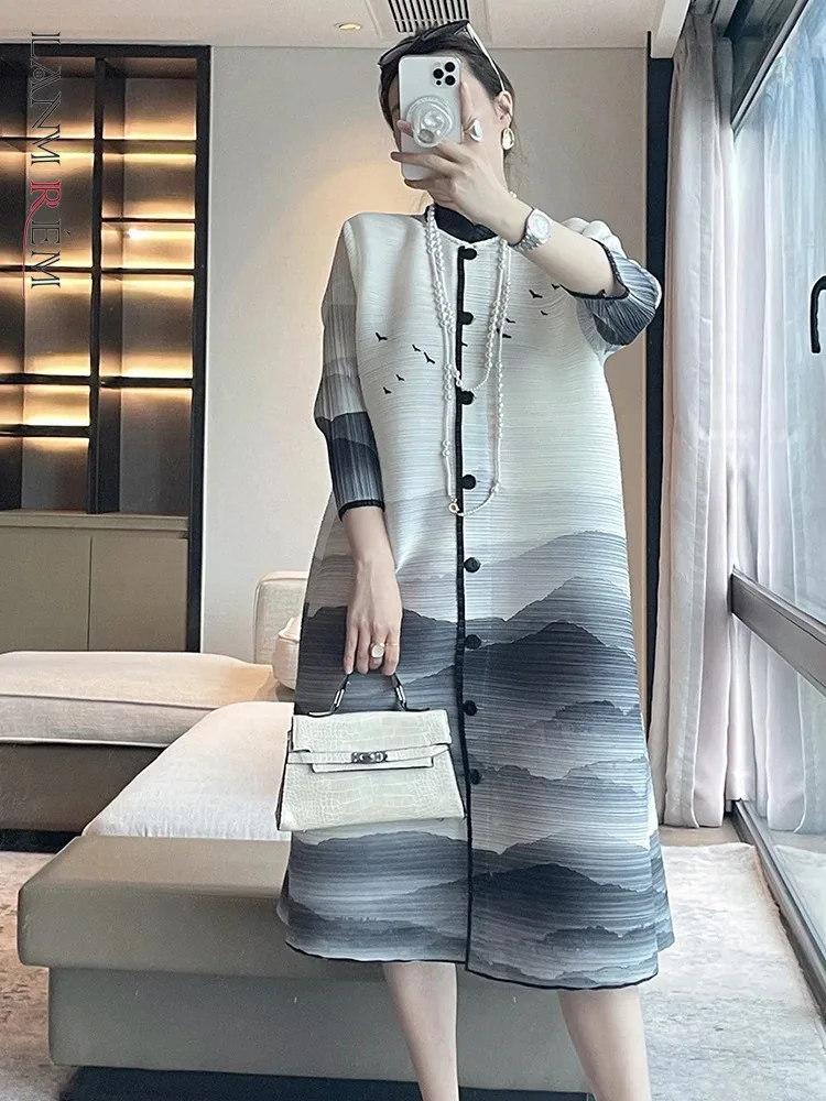 LANMREM Chinese Style Women\'s Ink Painting Dress With Sleeves Single Breasted Female Elegant Loose Dresses 2024 Summer 2DA8084A