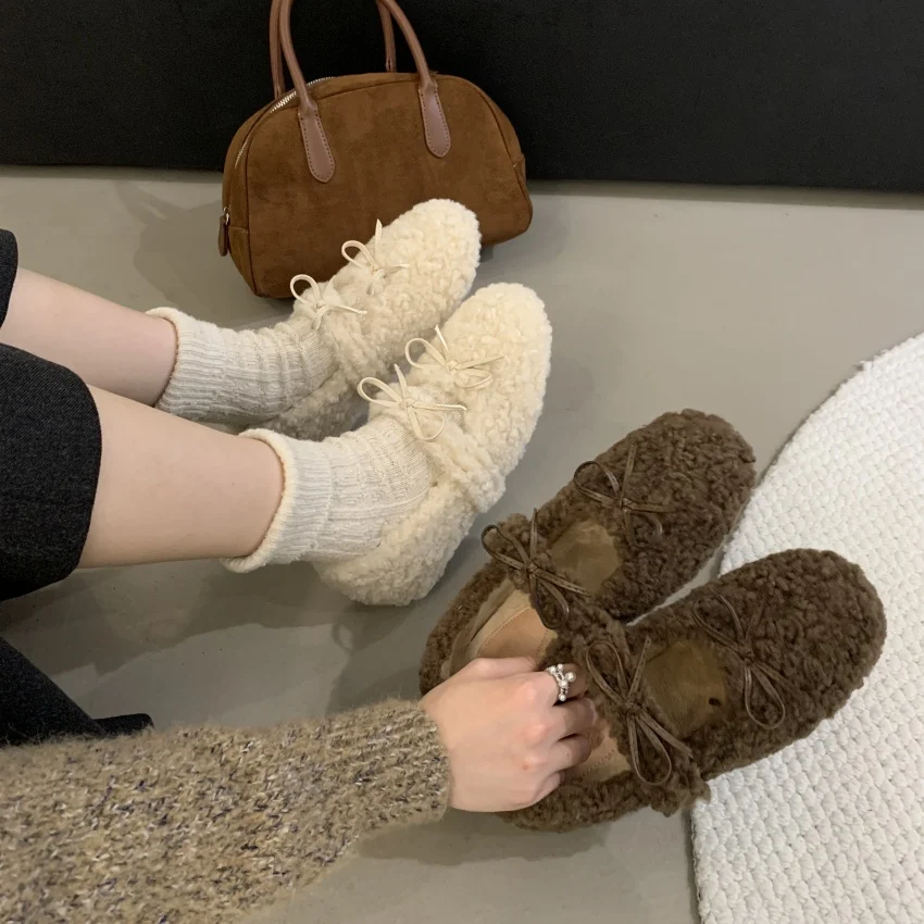 

elevator Shoes Women winter wool fur Loafers Comfortable Mary Jane Shoes butterfly knot Round Toe shallow slides apricot coffee